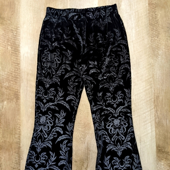 Black Velvet Flared Pants Floral Print - Picture 2 of 7